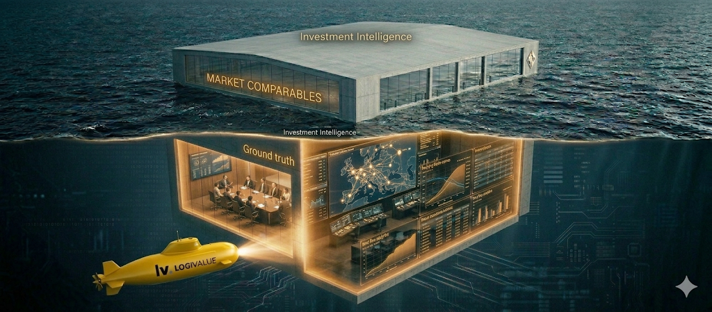 Above the waterline: market comparables. Below: Logivalue's ground-truth supply-chain analysis of logistics real estate.